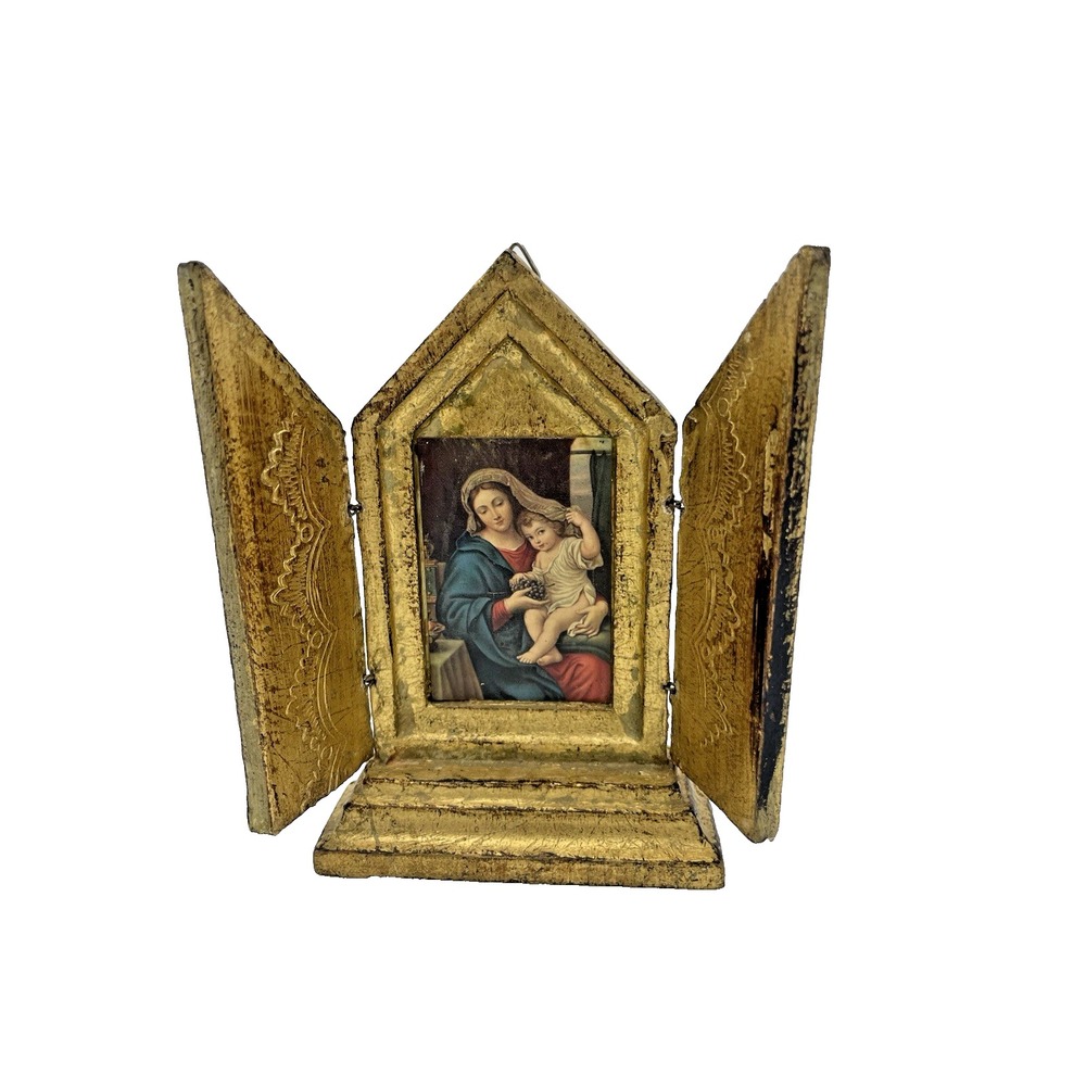 Vtg Italian Florentine  Standing/Hanging Alter Triptych Virgin‎ of the Grapes